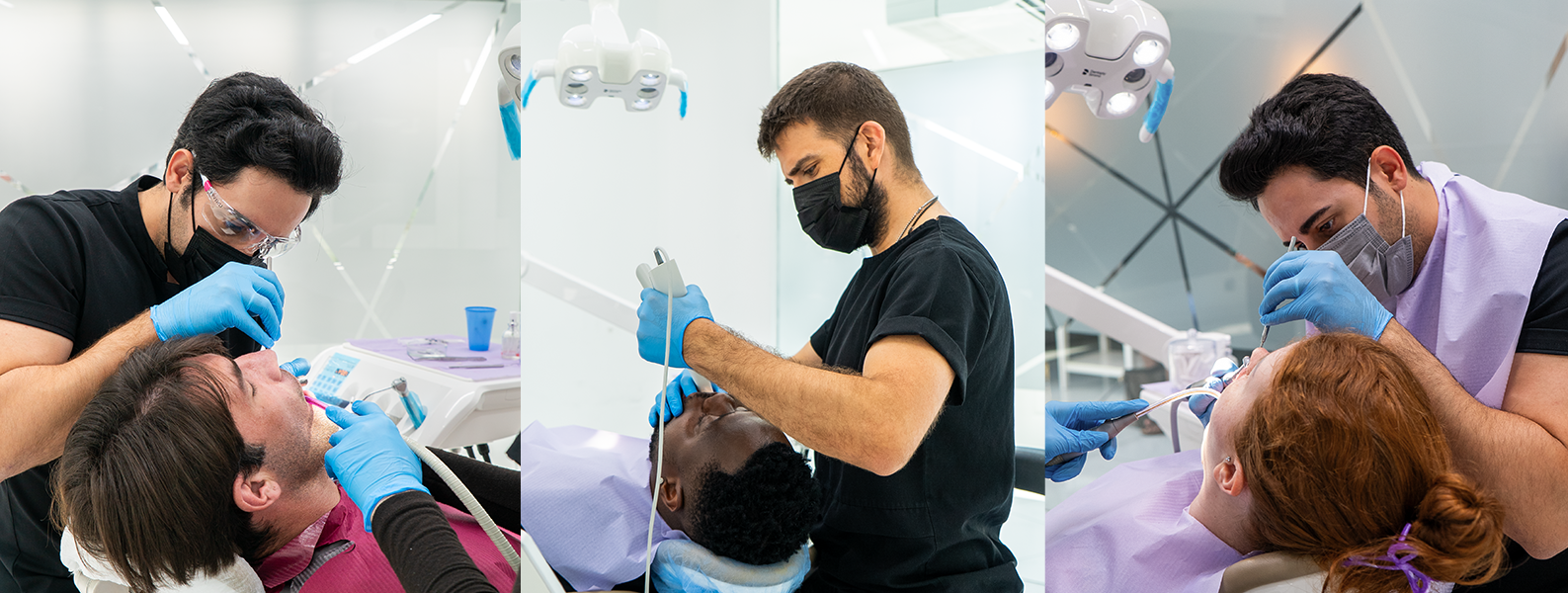 A professional dentist performing the initial dental check-up and oral examination for a new patient at Darya Dental Clinic.
