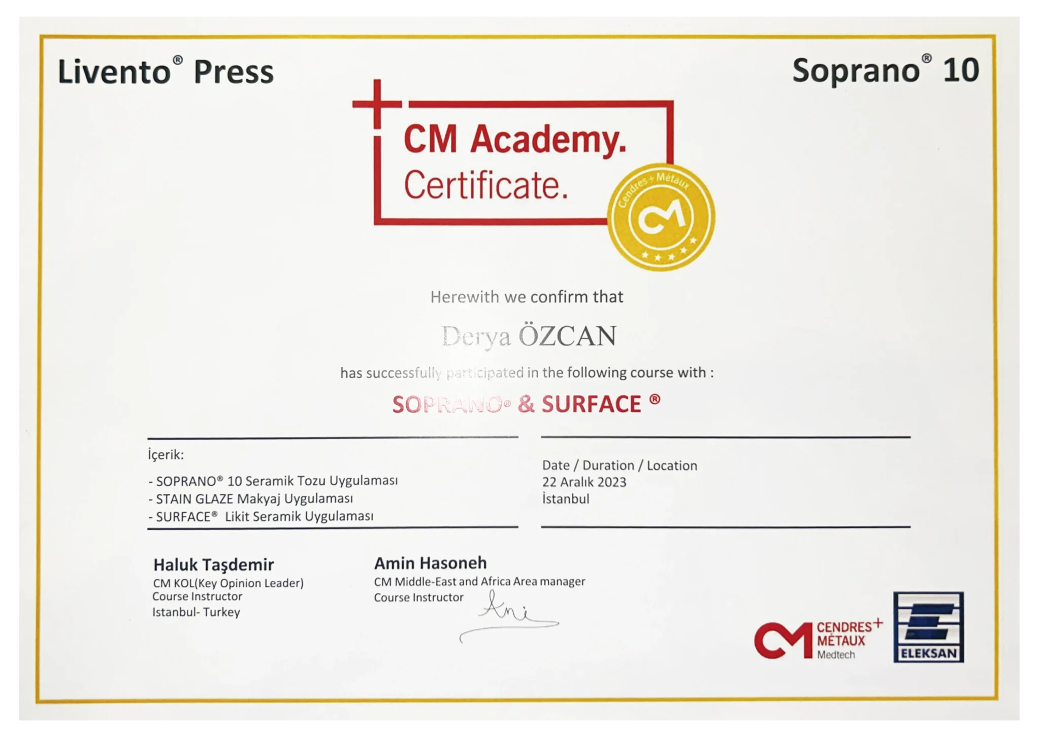Official CM Academy certificate awarded to Darya Ozcan for the completion of advanced dental training and specialization.