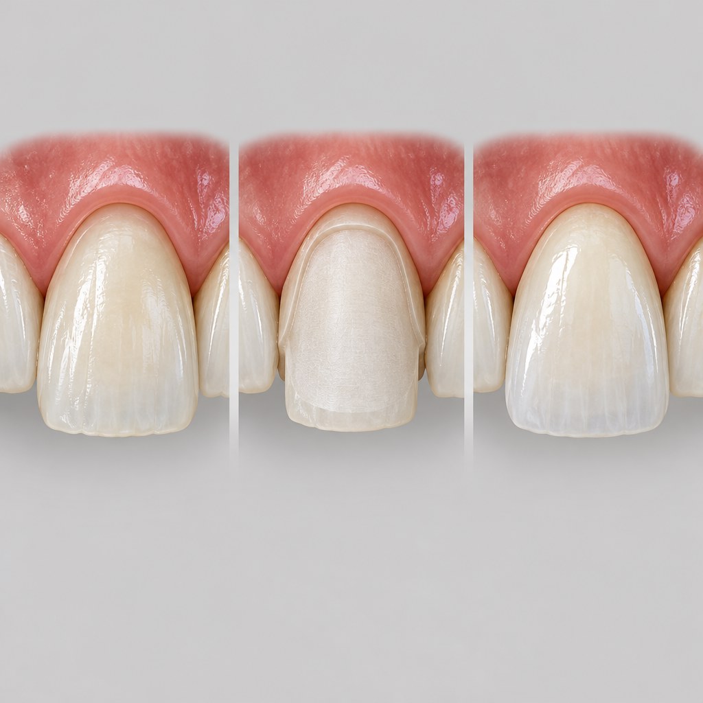 Illustration des dents naturelles avant la préparation et sous une facette dentaire