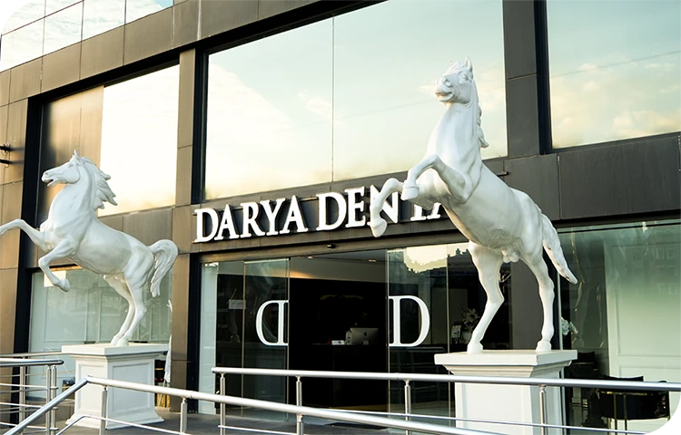 Darya Dental Clinic'in modern mimariye sahip ana giriş kapısı ve dış cephe görünümü.
